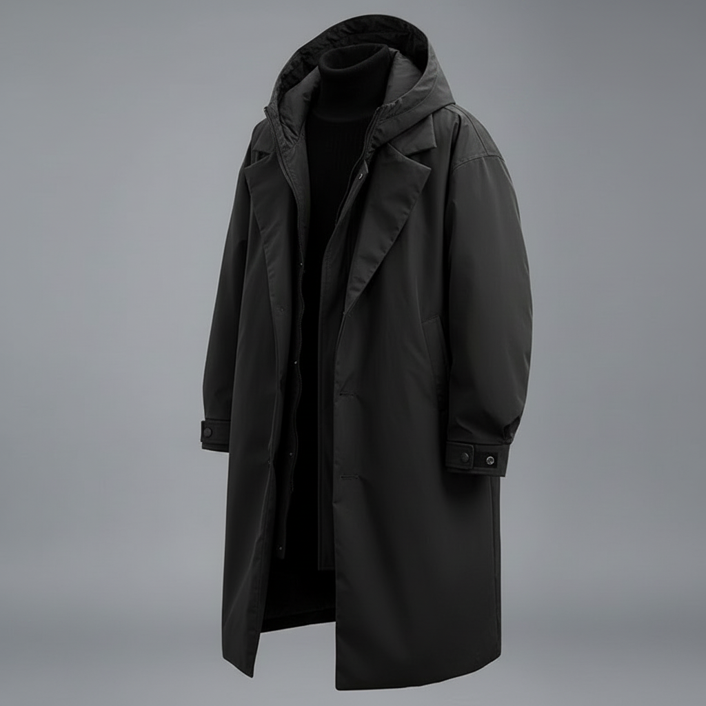 Lang Puffer Trenchcoat med Hætte | Herre Frakke
