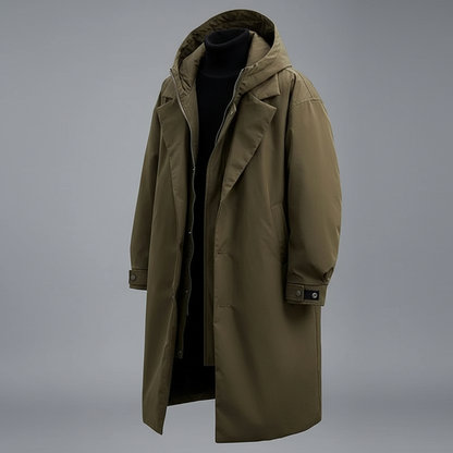 Lang Puffer Trenchcoat med Hætte | Herre Frakke