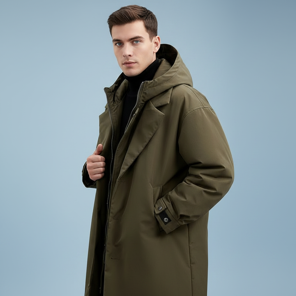 Lang Puffer Trenchcoat med Hætte | Herre Frakke