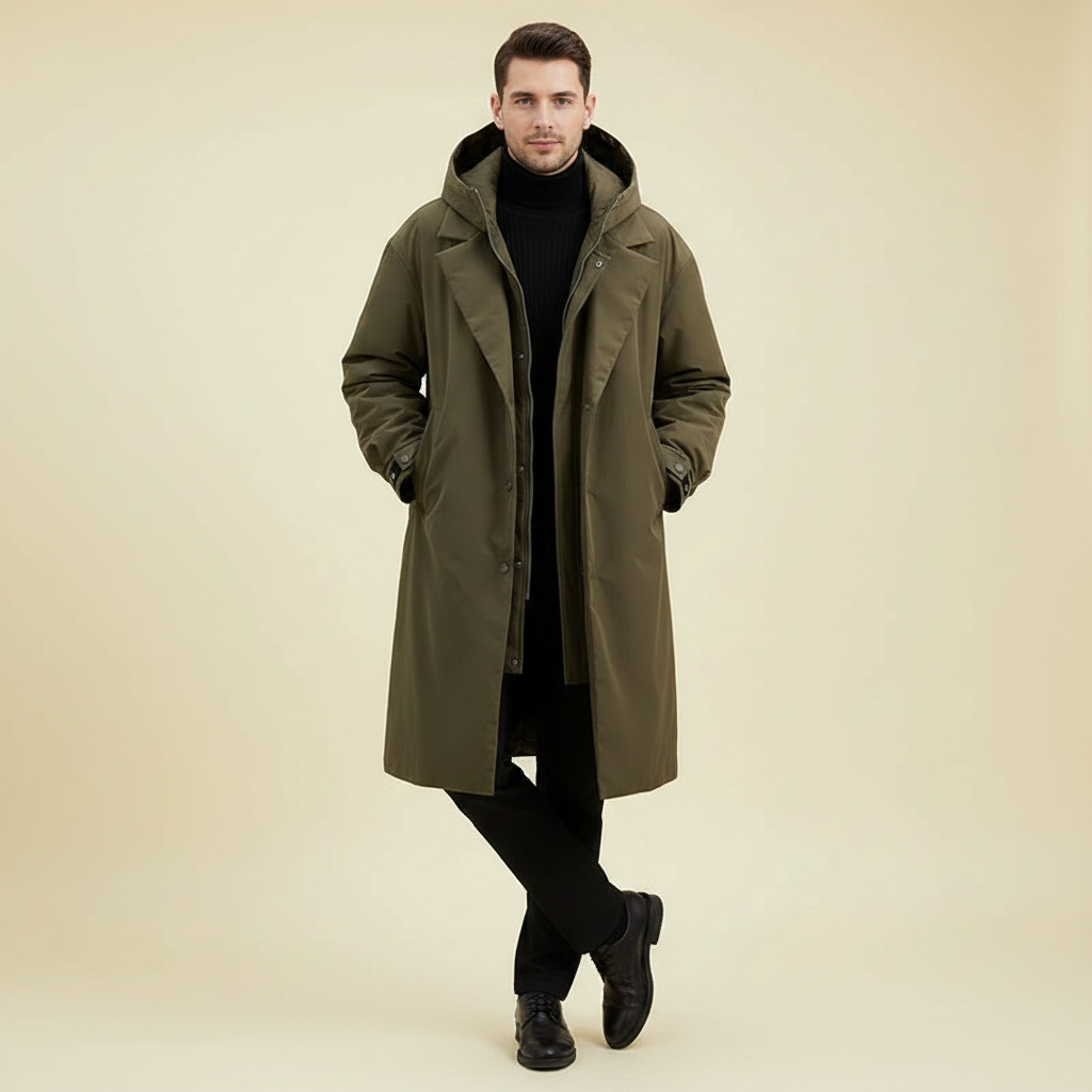 Lang Puffer Trenchcoat med Hætte | Herre Frakke