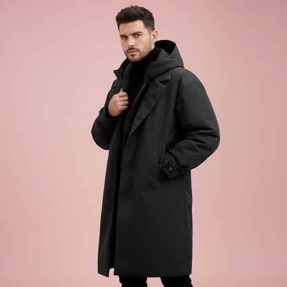 Lang Puffer Trenchcoat med Hætte | Herre Frakke