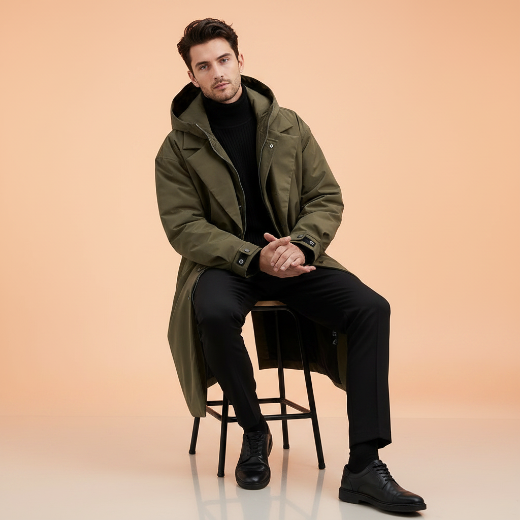 Lang Puffer Trenchcoat med Hætte | Herre Frakke