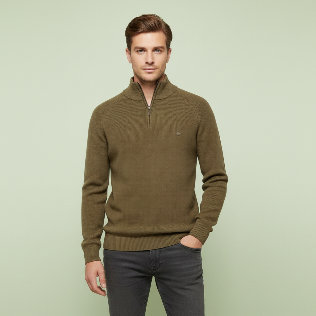 Strikket Herretrøje med Halv Lynlås | Slim Fit Mode